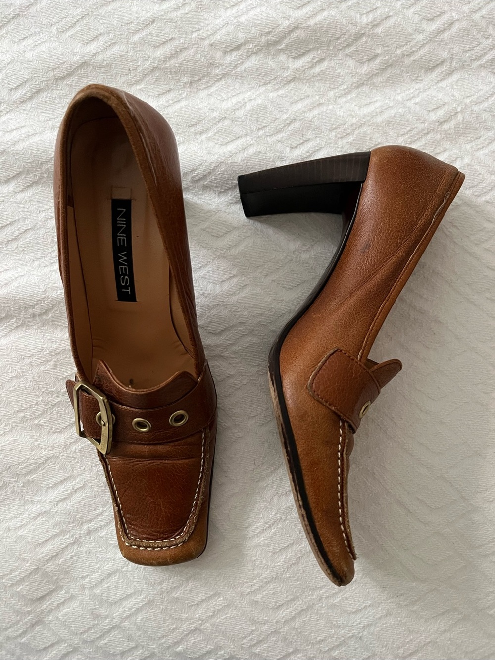 Nine West Tan Brown Leather Buckle Block Heel Loafers